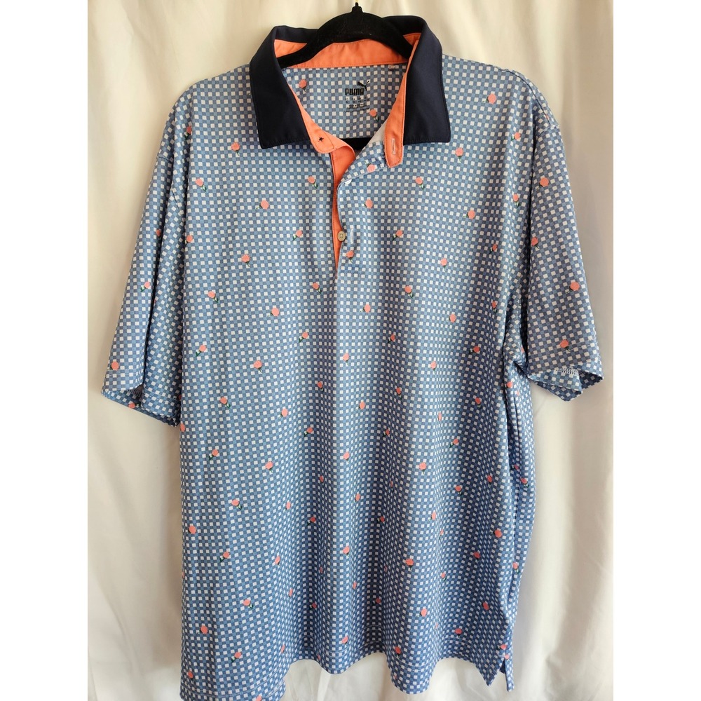 Puma Golf Polo Mens XL Blue Gingham Rose Floral Country Club Excellent Shirt - Picture 1 of 6
